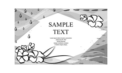 Wedding invitation with plumeria flowers. Black and white vector illustration. Floral black line art ink drawing with geometric frame.