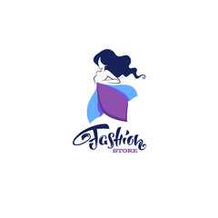 ashion boutique and store logo, label, emblem with girl in bright  flower dresss and lettering composition