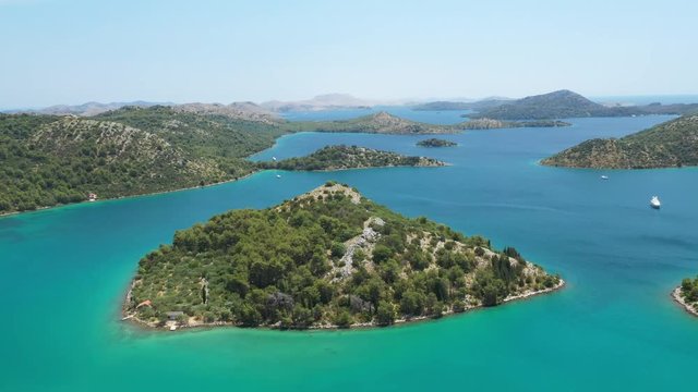 Croatia, nature park Telascica on Dugi Otok island, beautiful islands archipelago in blue sea, aerial seascape, circle drone shot