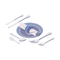 Isometric scene setup good for dinner in cafe or restaurant. Table setting with napkin with ring and cutlery