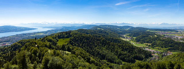 Panaromic view of Zurich city and lake from Uetliberg viewpoint in Switzerland