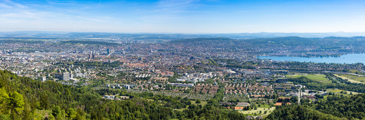 Fototapeta na wymiar Panaromic view of Zurich city and lake from Uetliberg viewpoint in Switzerland