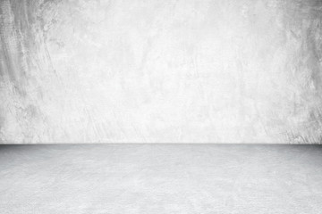 Empty white concrete room and floor background, Perspective grey gradient concrete room for interior background, backdrop,  Gray grunge cement room with space for product display mockup, template