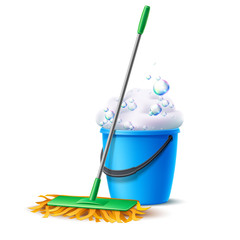 Realistic mop and blue bucket full of soapy foam with colorful bubbles. Floor mopping concept for housework design. Vector cleaning service banner. Domestic hygiene household chores 3d poster. - obrazy, fototapety, plakaty