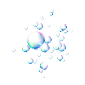 Realistic colorful bubbles. Soapy foam bubbles for bath and hygiene product design. Vector rainbow spheres, shampoo glossy bubbles.