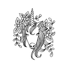 Unicorn with flowers.  Hand drawn  illustration.