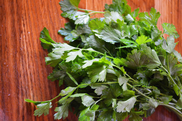Bunches of green washed fresh parsley laid out on a wooden kitchen board.