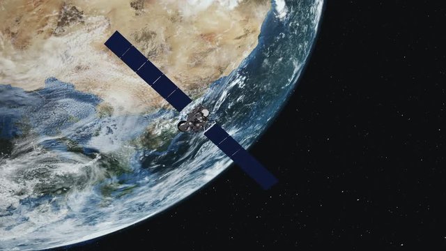 3d animation modern Rosetta space probe flies near rotating planet Earth brown mainlands in outer space. Computer graph. Science and technology concept. 4K. Elements of this media furnished by NASA