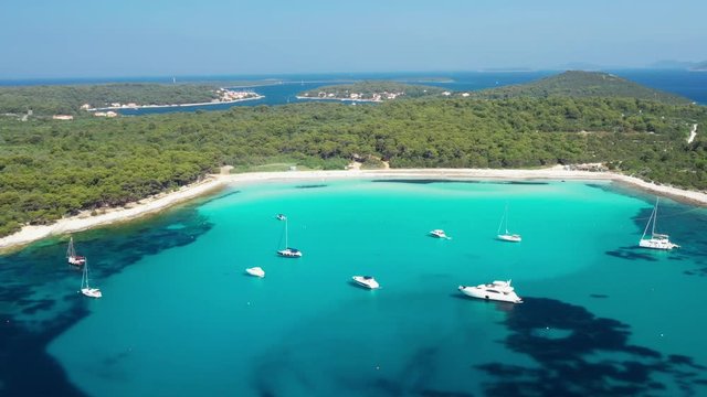 Croatia, Dugi Otok island, aerial view of beautiful azure turquoise lagoon bay on Sakarun beach, beautiful seascape on Adriatic sea