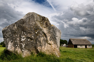 Large female Cove stone and male stone behind in the northern inner circle of Avebury Henge largest...