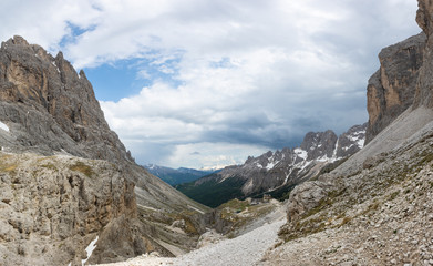Beautiful view of Dolomites on the way to Rifugio Step Principe from Rifugio Vajolet. South Tyrol, Italy