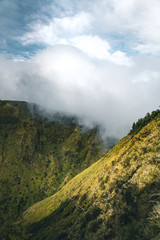 Landscape of Sete Cidades from Mirador da Boca do Inferno at sunset with lagoa de Santiago, Sao Miguel, Azores Islands, Portugal