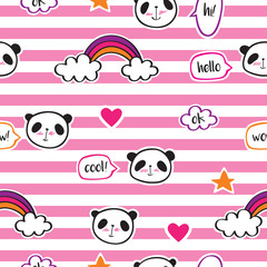 Seamless girl pattern with cute pandas, rainbows, speech bubbles, hearts and stars. Wrapping paper, cloth. Bakcground with pink stripes. Vector.