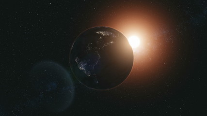 Obraz na płótnie Canvas Rotate Planet Earth Zoom In Sun Beam Illuminate. Celestial Galaxy Constellation Cosmos Nebula Background Deep Open Space Travel Concept 3D Animation