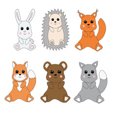 Forest animals set in a cartoon style. Kawaii drawing. Vector illustration.