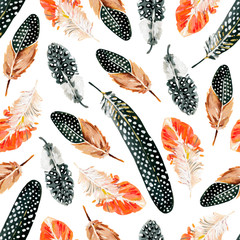 Seamless pattern with hand-drawn spotted feathers of Guineafowl