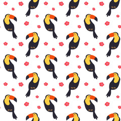 Seamless pattern with colorful toucans.