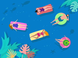 Fototapeta premium Summer landscape with tropical plants and tourists.