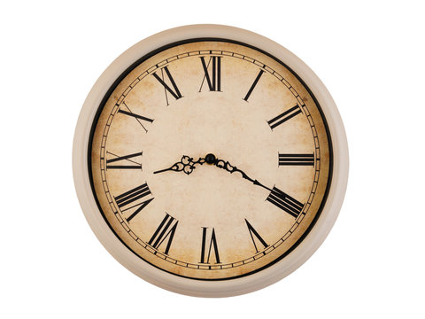 Round vintage clock isolated on white background
