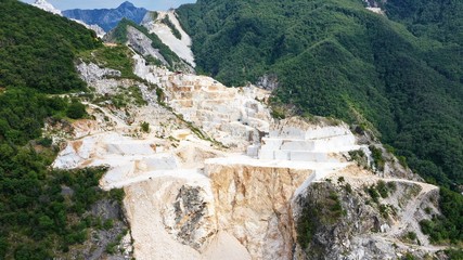 Aerial view of mountain of stone and marble quarries in the regional natural park of the Apuan Alps...