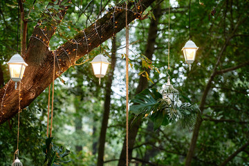 Luxury wedding decorations outdoors, copy space. Floral arrangement of orchid flowers, monstera leaves, lanterns and garland on big tree in garden © mirage_studio