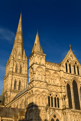 Fototapeta na wymiar Great West Front facade of Salisbury Cathedral with Spire in late evening light in Salisbury England