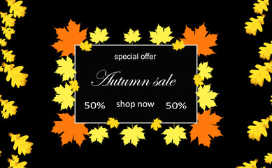 Autumn Sale. Message board with 50% discount on black background with white frame and colored leaves.