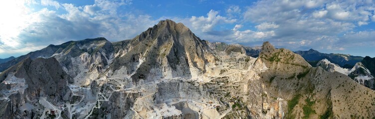 Aerial view of mountain of stone and marble quarries in the regional natural park of the Apuan Alps...