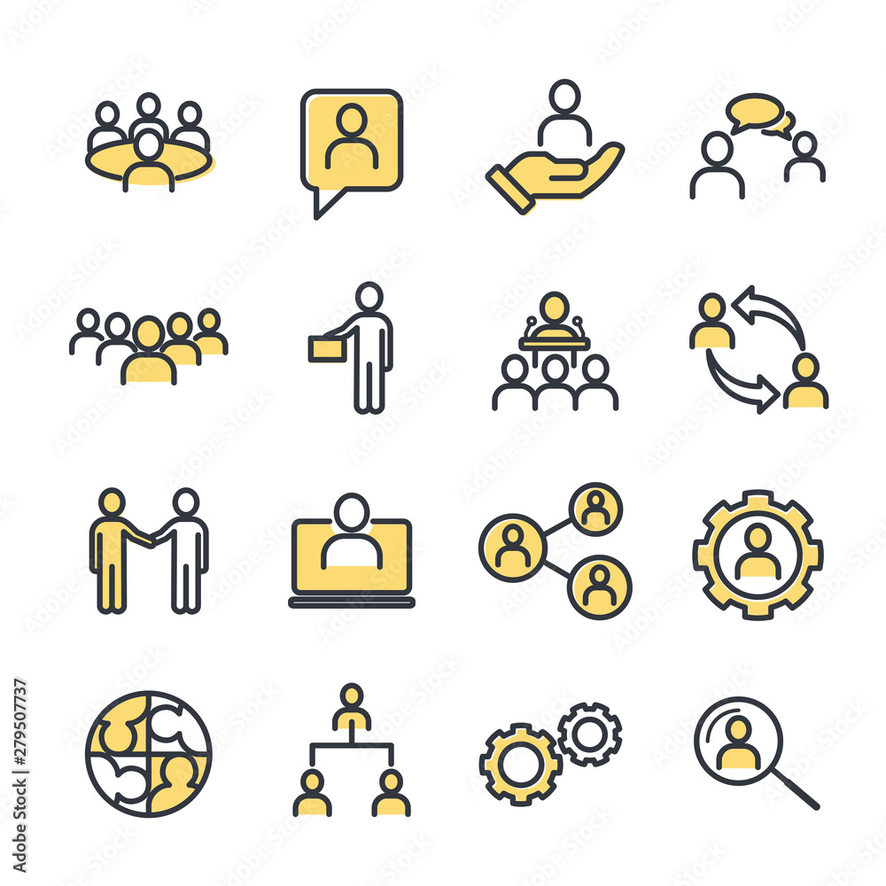Poster icons set of team work related vector simple line. management line icons. set of business audit, sta