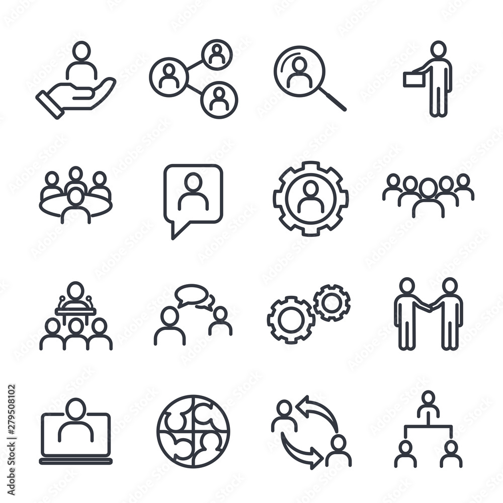 Poster icons set of team work related vector simple line. management line icons. set of business audit, sta