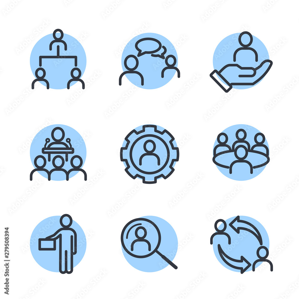 Poster icons set of team work related vector simple line. management line icons. set of business audit, sta