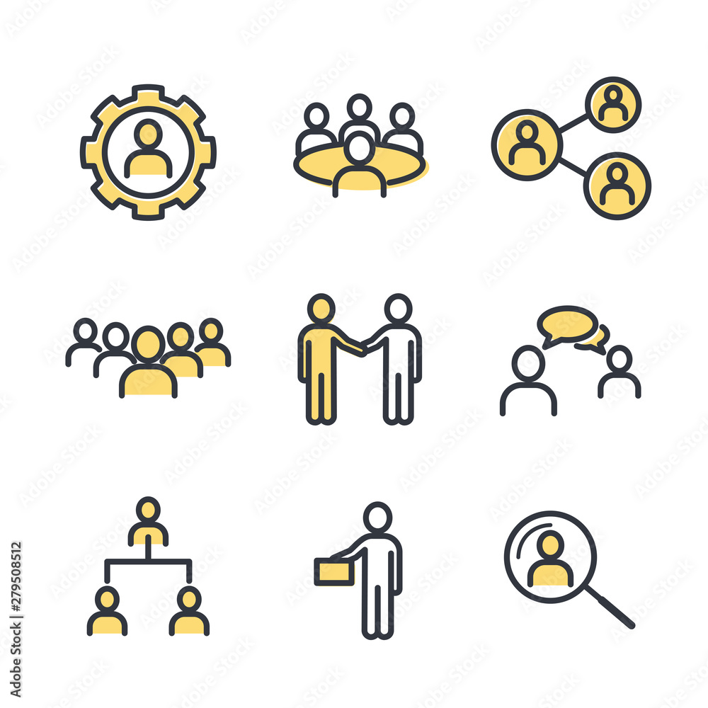 Poster icons set of team work related vector simple line. management line icons. set of business audit, sta