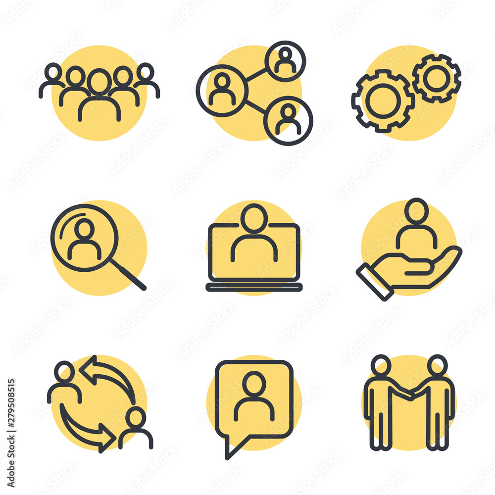 Poster icons set of team work related vector simple line. management line icons. set of business audit, sta