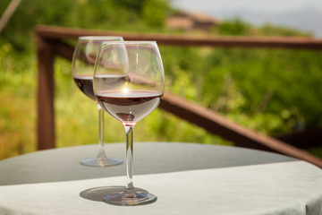 two goblets of red wine with vineyard in the background