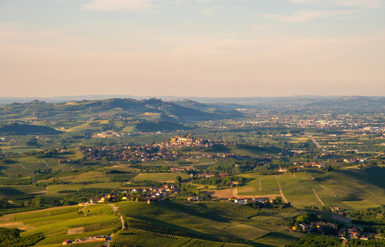 Panoramic view of the vineyard hills in the  Langhe area, Unesco World Heritage Site since 2014, with the medieval village of Roddi d'Alba on a hill top, Cuneo, Piedmont, Italy