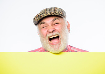 free and happy. Copy space placate information. happy mature man in retro hat. Advertisement....