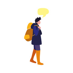 young man with backpack travel talk bubble