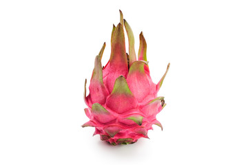 A fresh and beautiful pink dragon fruit is quietly placed on a white background