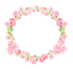 Pink abstract floral watercolor whole round wreath with pastel color flowers and leaves hand painted in circle arrangement for greeting wedding card logo design isolated on white 