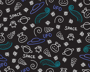 Wide Doodle seamless pattern Black Space Planet UFO rocket stars isolated on a black background