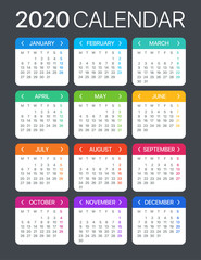 2020 Calendar - vector template graphic illustration - Monday to Sunday