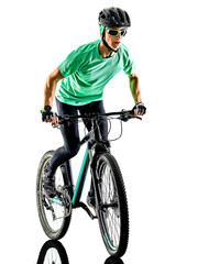 Obraz na płótnie Canvas one caucasian man practicing man mountain bike bking isolated on white background with shadows