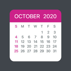October 2020 Calendar Leaf - Vector template graphic Illustration