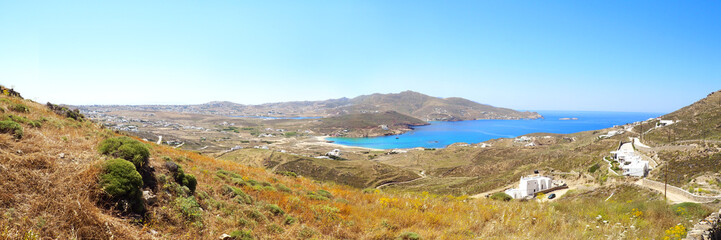 Fototapeta na wymiar panoramic view of the bay and beach of Ftelia, in the south of Mykonos, cyclades island in the heart of the Aegean Sea