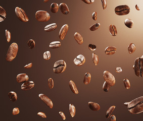Black fried coffee beans falling down, 3d rendering