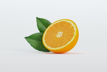Half orange with leaves. White background.