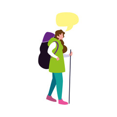 young woman with backpack travel talk bubble