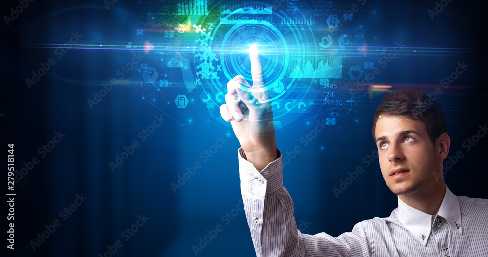 Poster man touching hologram screen displaying medical symbols and charts