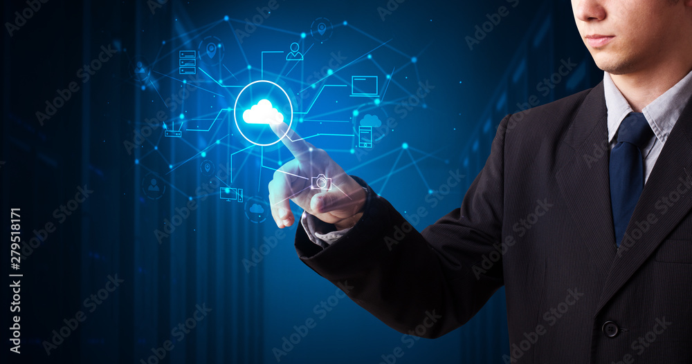 Poster Man touching hologram projection displaying cloud system