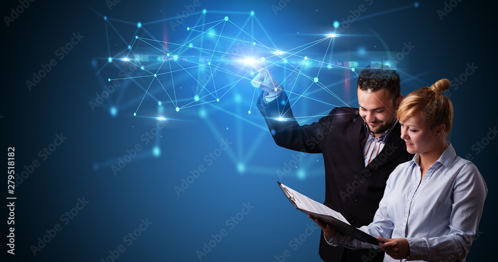 Aufkleber Man and woman touching hologram screen displaying modern web system